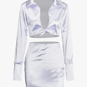 Satin Ivory Nightlife 2-Piece Set;Cropped Long Sleeve w/ Mini Skirt, Fashionnova